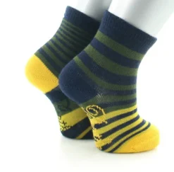 Hot Berthe Aux Grands Pieds Chaussettes bébé laine peignée rayures asymétriques bleu marine, kaki et jaune