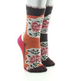 Fashion Berthe Aux Grands Pieds Chaussettes bébé laine peignée fleurs sur fond orange et bordeaux