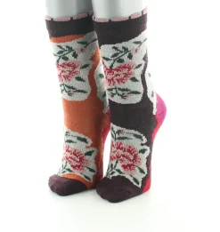 Fashion Berthe Aux Grands Pieds Chaussettes bébé laine peignée fleurs sur fond orange et bordeaux
