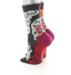 Fashion Berthe Aux Grands Pieds Chaussettes bébé laine peignée fleurs sur fond orange et bordeaux