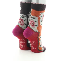 Fashion Berthe Aux Grands Pieds Chaussettes bébé laine peignée fleurs sur fond orange et bordeaux