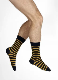 Clearance Berthe Aux Grands Pieds Chaussettes en Soie bleu marine à rayures jaune moutarde