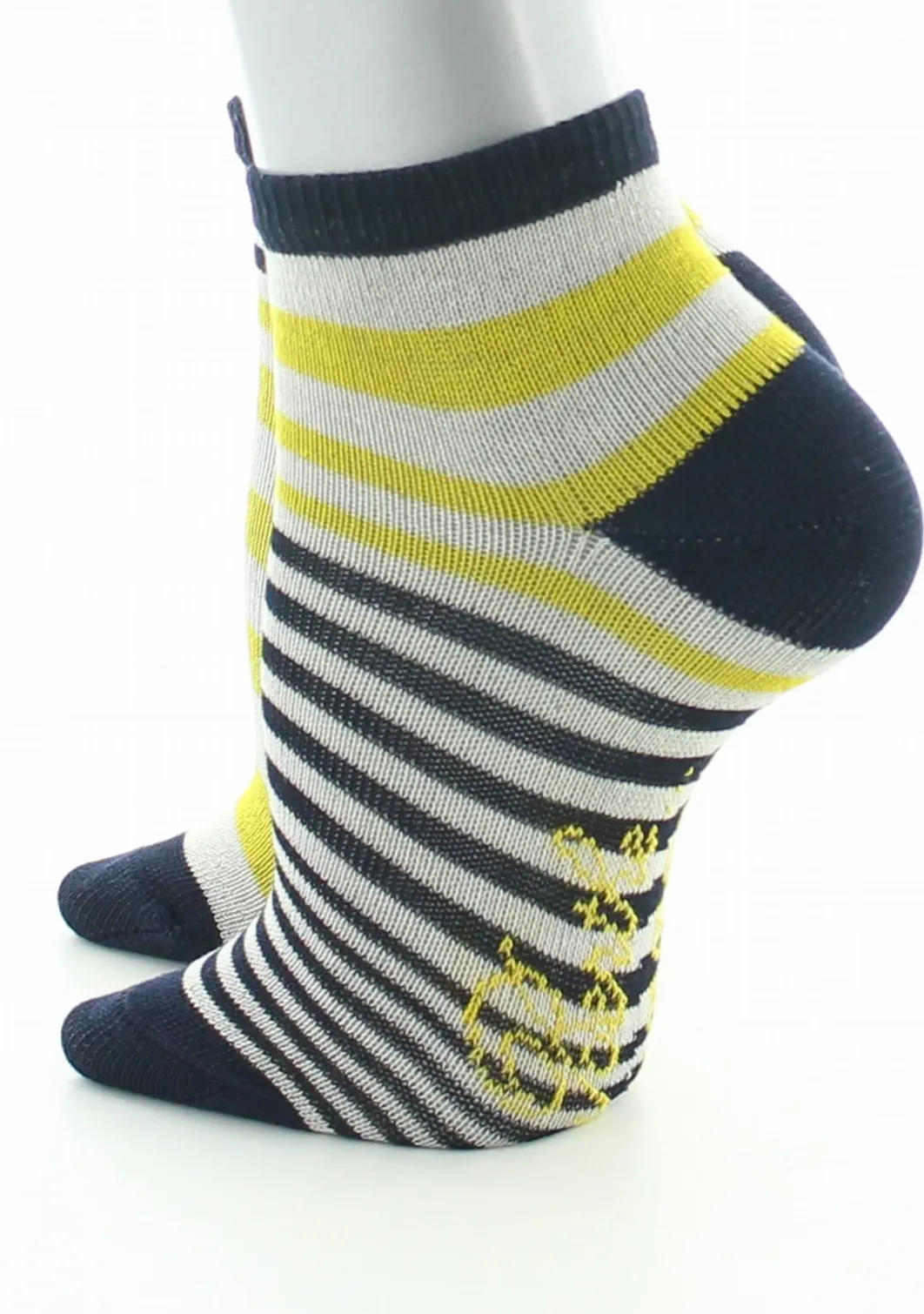Hot Berthe Aux Grands Pieds Chaussettes enfant coton fil d'Ecosse rayures marine, jaune et ivoire