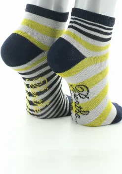 Hot Berthe Aux Grands Pieds Chaussettes enfant coton fil d'Ecosse rayures marine, jaune et ivoire