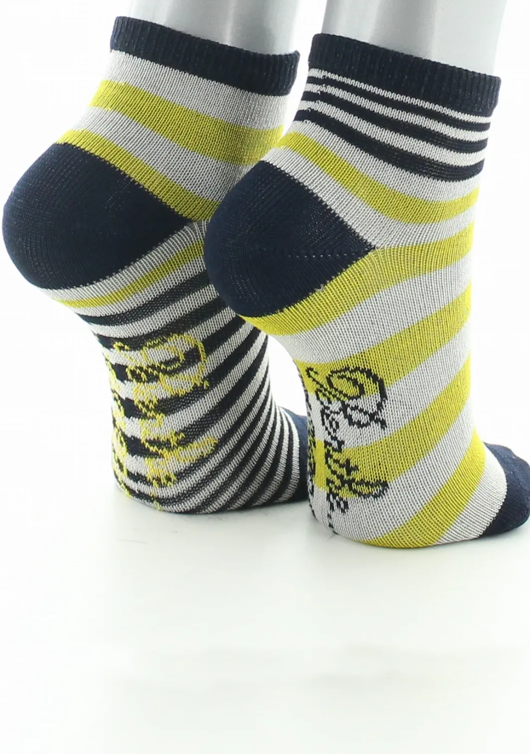 Hot Berthe Aux Grands Pieds Chaussettes enfant coton fil d'Ecosse rayures marine, jaune et ivoire