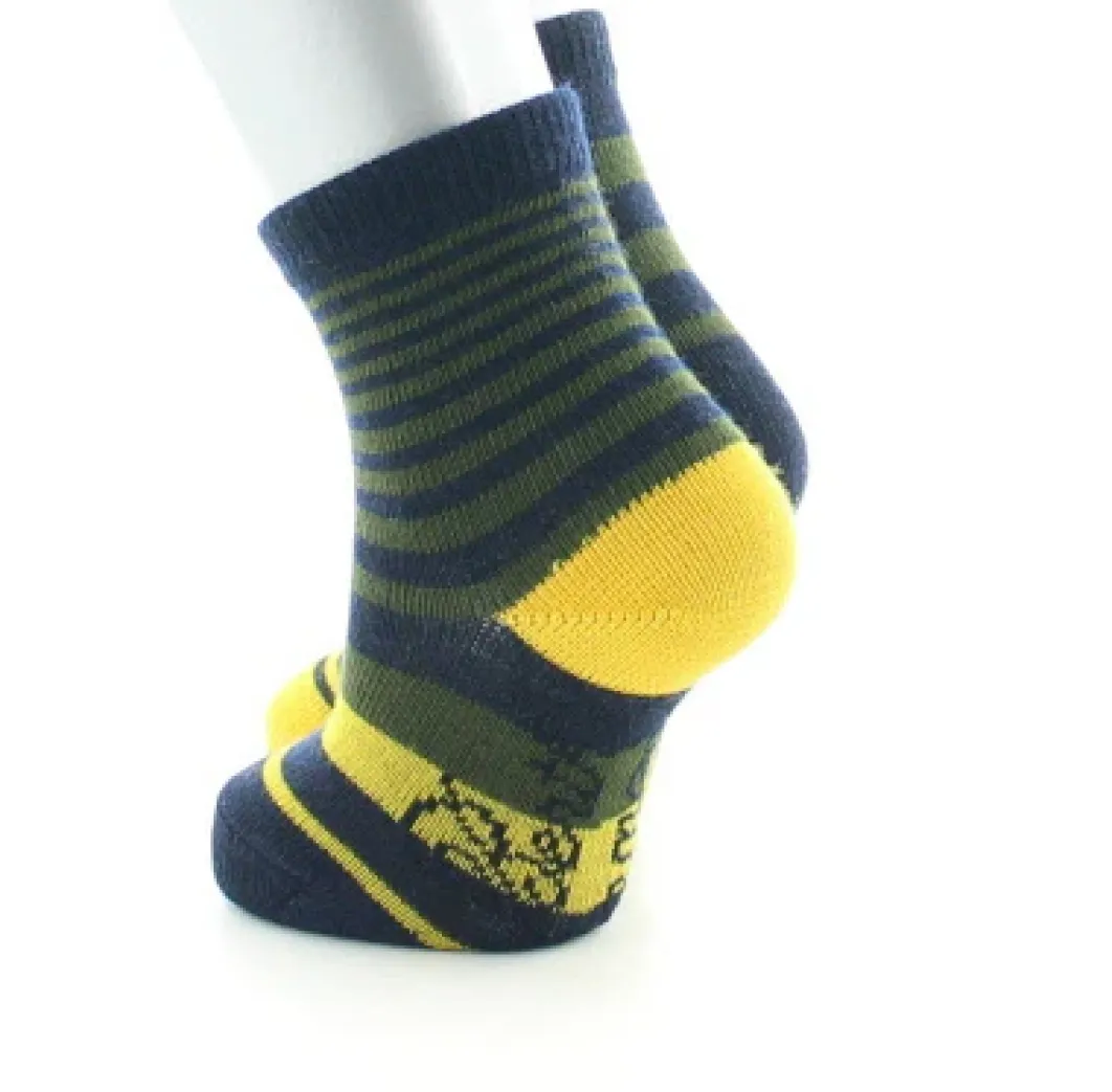 Best Berthe Aux Grands Pieds Chaussettes enfant laine peignée rayures asymétriques bleu marine, kaki et jaune