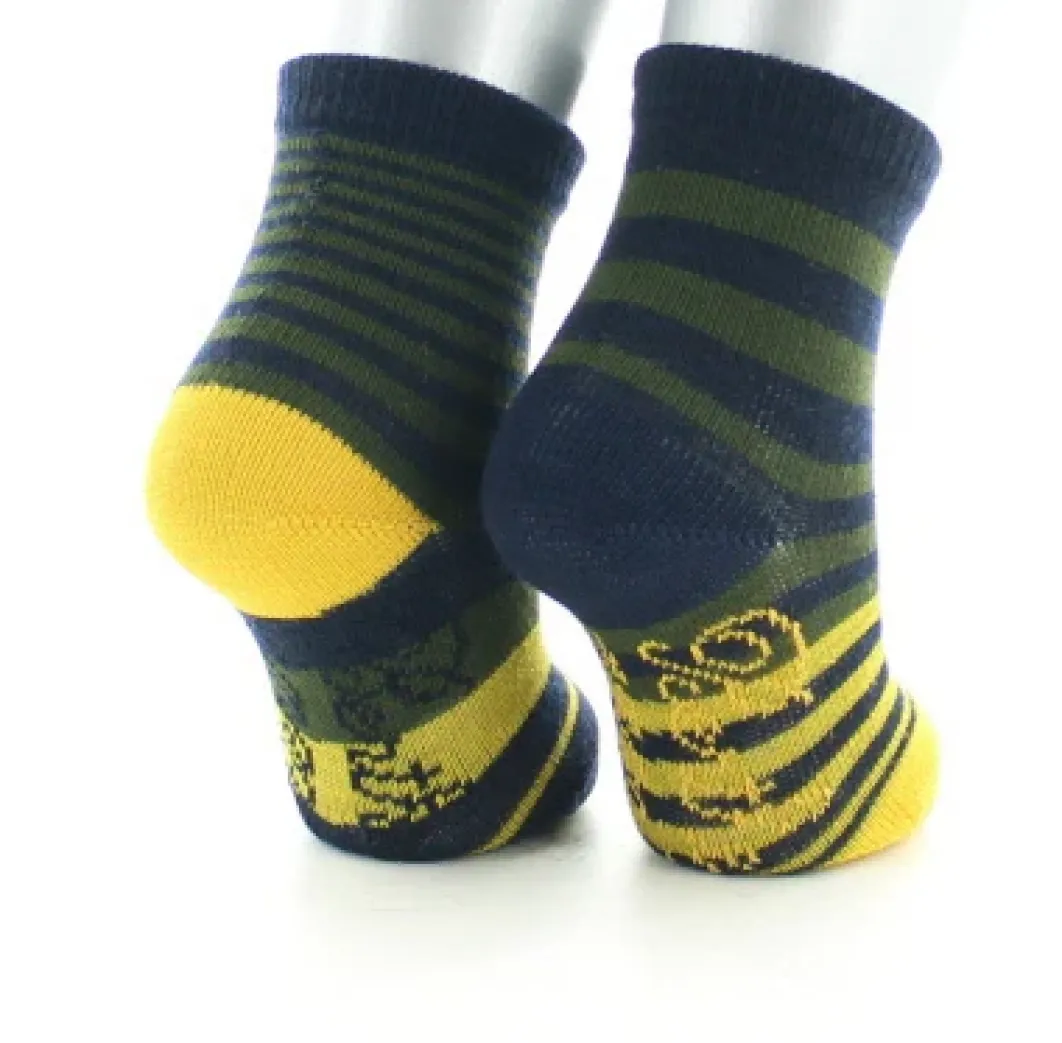 Best Berthe Aux Grands Pieds Chaussettes enfant laine peignée rayures asymétriques bleu marine, kaki et jaune