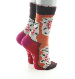 Hot Berthe Aux Grands Pieds Chaussettes enfant laine peignée fleurs sur fond orange et bordeaux
