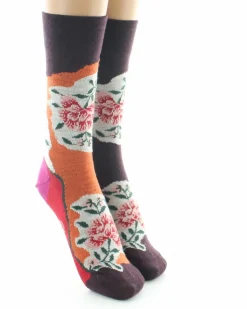 New Berthe Aux Grands Pieds Chaussettes femme laine peignée fleurs sur fond orange et bordeaux