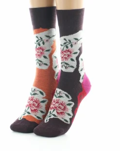 New Berthe Aux Grands Pieds Chaussettes femme laine peignée fleurs sur fond orange et bordeaux