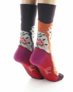 New Berthe Aux Grands Pieds Chaussettes femme laine peignée fleurs sur fond orange et bordeaux
