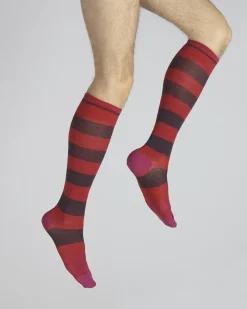 New Berthe Aux Grands Pieds Chaussettes Hautes Grosses Rayures Rouge Et Bordeaux