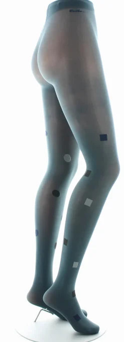 Hot Berthe Aux Grands Pieds Collant Fantaisie Asymétrique Carrés et Ronds gris et marine sur fond bleu norvège