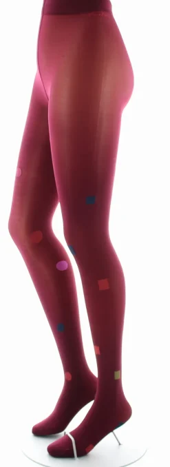 Online Berthe Aux Grands Pieds Collant Fantaisie Asymétrique Carrés et Ronds kaki et rouge sur fond rouge