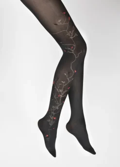 Hot Berthe Aux Grands Pieds Collants 40D Arbre noir et Oiseaux rouges