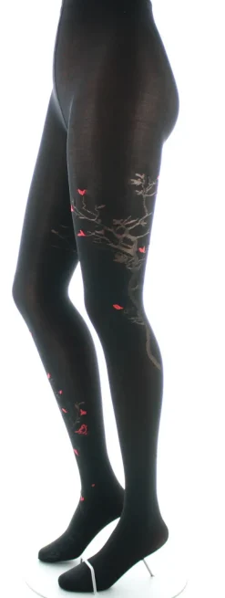 Hot Berthe Aux Grands Pieds Collants 40D Arbre noir et Oiseaux rouges
