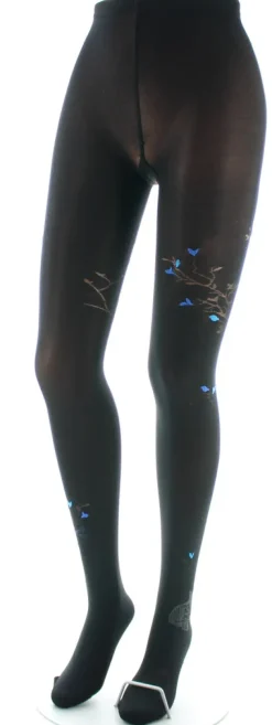 Outlet Berthe Aux Grands Pieds Collants 40D Arbre noir et Oiseaux bleus