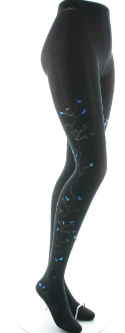 Outlet Berthe Aux Grands Pieds Collants 40D Arbre noir et Oiseaux bleus