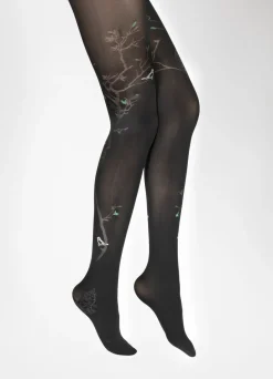New Berthe Aux Grands Pieds Collants 40D Arbre noir et Oiseaux verts