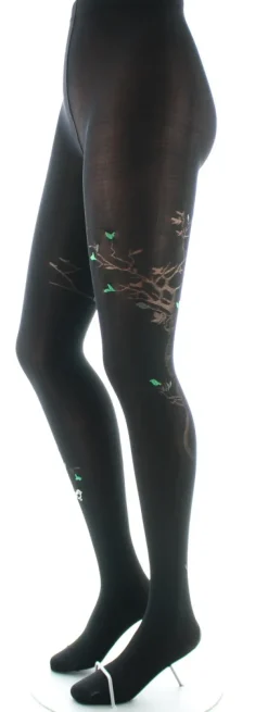 New Berthe Aux Grands Pieds Collants 40D Arbre noir et Oiseaux verts