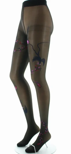 Clearance Berthe Aux Grands Pieds Collants 30D femme noir oiseau marine et rose