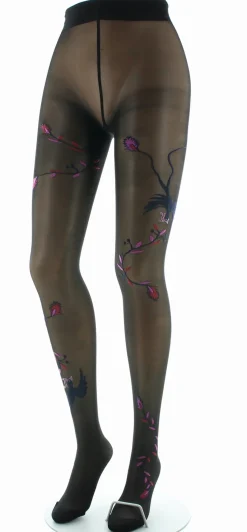 Clearance Berthe Aux Grands Pieds Collants 30D femme noir oiseau marine et rose