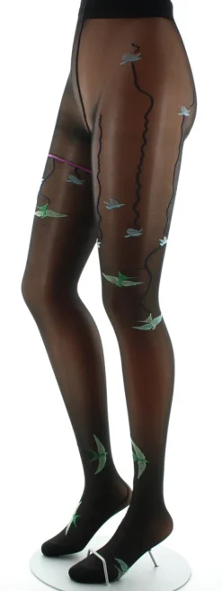 New Berthe Aux Grands Pieds Collants 30D noir Hirondelles vertes