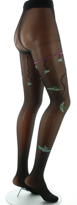 New Berthe Aux Grands Pieds Collants 30D noir Hirondelles vertes