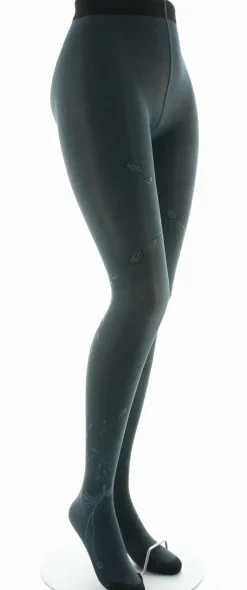 Outlet Berthe Aux Grands Pieds Collants femme 40D maille dévorée pétrole oiseau lyre
