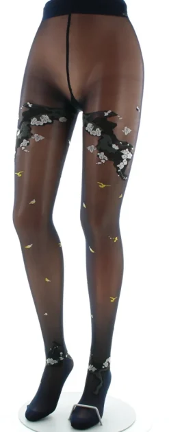Discount Berthe Aux Grands Pieds Collants fleurs japonaises Marine et Beige