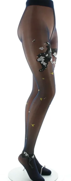 Discount Berthe Aux Grands Pieds Collants fleurs japonaises Marine et Beige