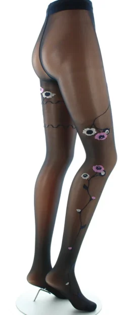 New Berthe Aux Grands Pieds Collants Fleurs Roses et Beiges fond Bleu Marine