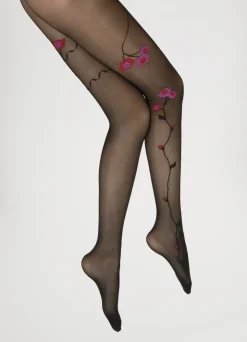 Clearance Berthe Aux Grands Pieds Collants Fleurs Roses et Rouges fond Noir