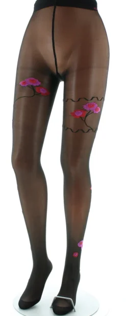 Clearance Berthe Aux Grands Pieds Collants Fleurs Roses et Rouges fond Noir