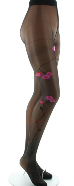 Clearance Berthe Aux Grands Pieds Collants Fleurs Roses et Rouges fond Noir