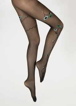 Discount Berthe Aux Grands Pieds Collants Fleurs Vertes et Bleues fond Noir