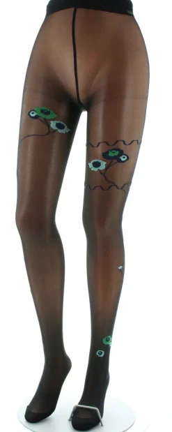 Discount Berthe Aux Grands Pieds Collants Fleurs Vertes et Bleues fond Noir