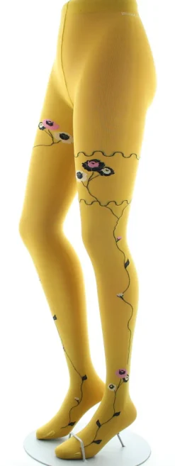 Discount Berthe Aux Grands Pieds Collants ocre semi-opaque à fleurs roses et beige