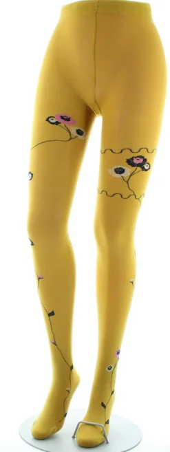 Discount Berthe Aux Grands Pieds Collants ocre semi-opaque à fleurs roses et beige