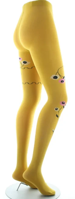 Discount Berthe Aux Grands Pieds Collants ocre semi-opaque à fleurs roses et beige
