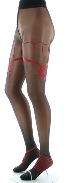 Sale Berthe Aux Grands Pieds Collants sexy et chics Noir et Noeuds Rouge