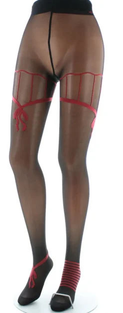 Sale Berthe Aux Grands Pieds Collants sexy et chics Noir et Noeuds Rouge