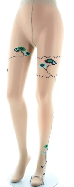 Best Berthe Aux Grands Pieds Collants Tatoo Fleurs Vertes et Bleues couleur chair