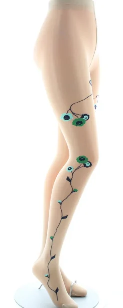 Best Berthe Aux Grands Pieds Collants Tatoo Fleurs Vertes et Bleues couleur chair