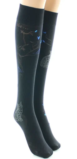 Fashion Berthe Aux Grands Pieds Mi-bas 40D Arbre noir et Oiseaux bleus