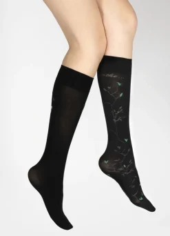 Clearance Berthe Aux Grands Pieds Mi-bas 40D Arbre noir et Oiseaux verts