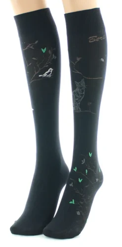 Clearance Berthe Aux Grands Pieds Mi-bas 40D Arbre noir et Oiseaux verts