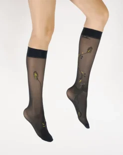 Hot Berthe Aux Grands Pieds Mi-bas 30D femme marine oiseau gris et jaune