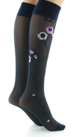 Fashion Berthe Aux Grands Pieds Mi-bas 30D marine Fleurs roses et beige