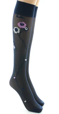 Fashion Berthe Aux Grands Pieds Mi-bas 30D marine Fleurs roses et beige
